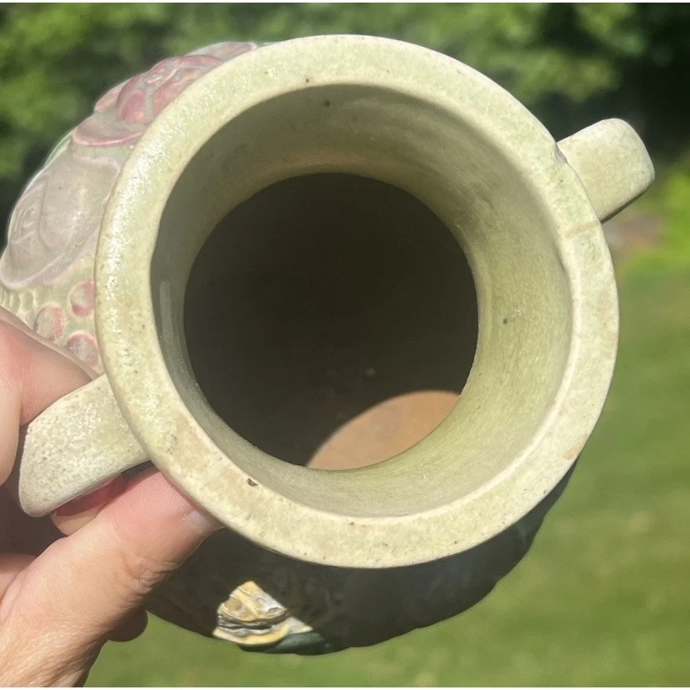 Antique Roseville Rozane Double Handle Roses Floral Art Pottery Vase 6.5
